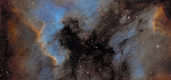 9 et 10 aout2021. Mosaïque de deux photos, NGC7000 et IC5070, 20poses de 300sec en Ha et 10 poses de 150sec en SII et 10poses en OIII, Atik460ex-Ts80/480 à F4.7